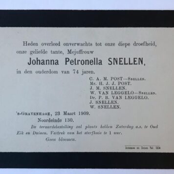 [Printed funeral card 1909] Overlijdenskaart van Johanna P. Snellen, overl. Gravenhage 1909. 8°, 1 p.