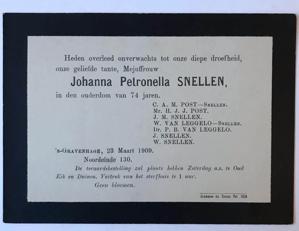  - [Printed funeral card 1909] Overlijdenskaart van Johanna P. Snellen, overl. Gravenhage 1909. 8, 1 p.