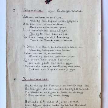 [Printed programm marriage celebration, 1935] Programma huwelijksfeest te Gouda van Bery en Wim van der Haar, manuscript, folio, 6 pag. met teksten en liederen. ca. 1935.