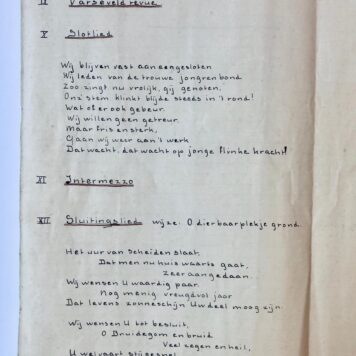 [Printed programm marriage celebration, 1935] Programma huwelijksfeest te Gouda van Bery en Wim van der Haar, manuscript, folio, 6 pag. met teksten en liederen. ca. 1935.