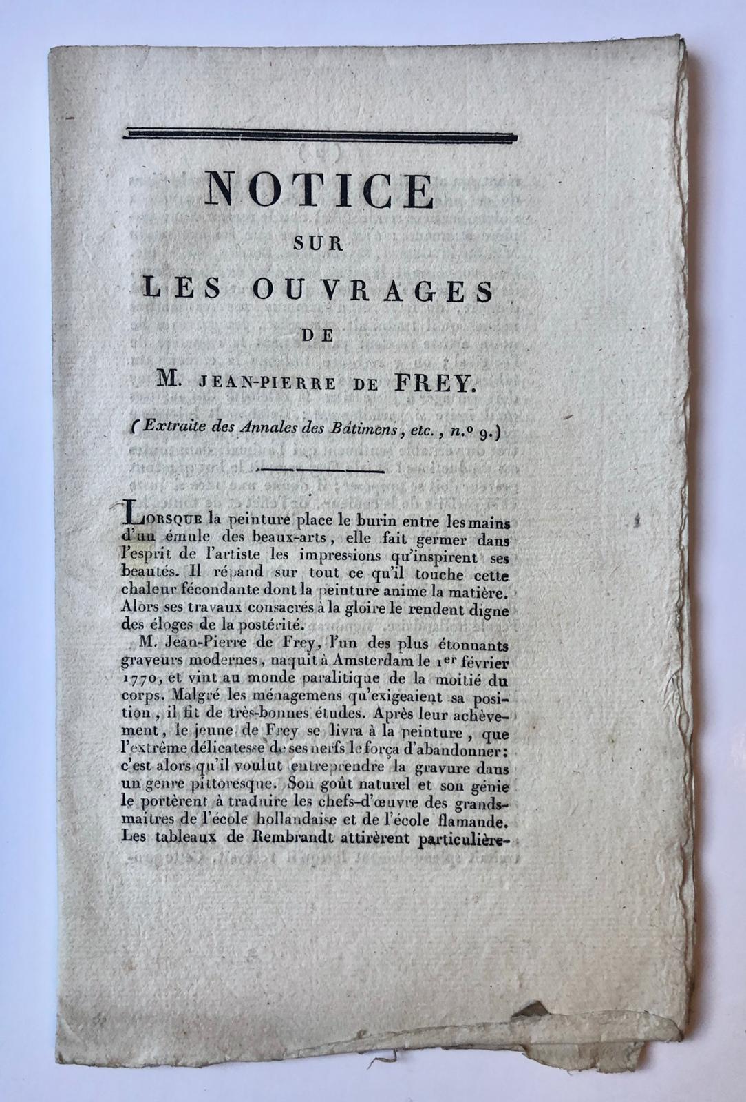  - [Catalogue antique prints by de Frey, 19th century] 'Notice sur les ouvrages de M. Jean-Pierre de Frey' door B. de Roquefort.