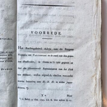 [Printed book, Indie, VOC, East and West Indies, 1796] Rechtsgeleerd advis in de zaak van den gewezen stadhouder en over deszelfs schrijven aan de gouverneurs van de Oost- en West Indische bezittingen, door B. Voorda en J. Valckenaer, z. pl. 1796, 12+274+62 pag. Gedrukt.