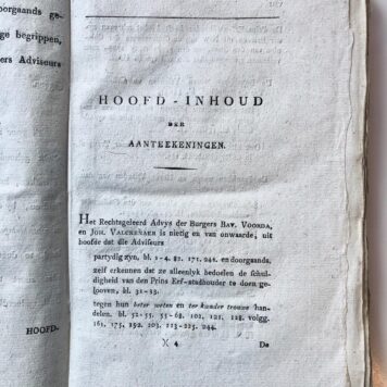 [Printed book, Indie, VOC, East and West Indies, 1796] Rechtsgeleerd advis in de zaak van den gewezen stadhouder en over deszelfs schrijven aan de gouverneurs van de Oost- en West Indische bezittingen, door B. Voorda en J. Valckenaer, z. pl. 1796, 12+274+62 pag. Gedrukt.