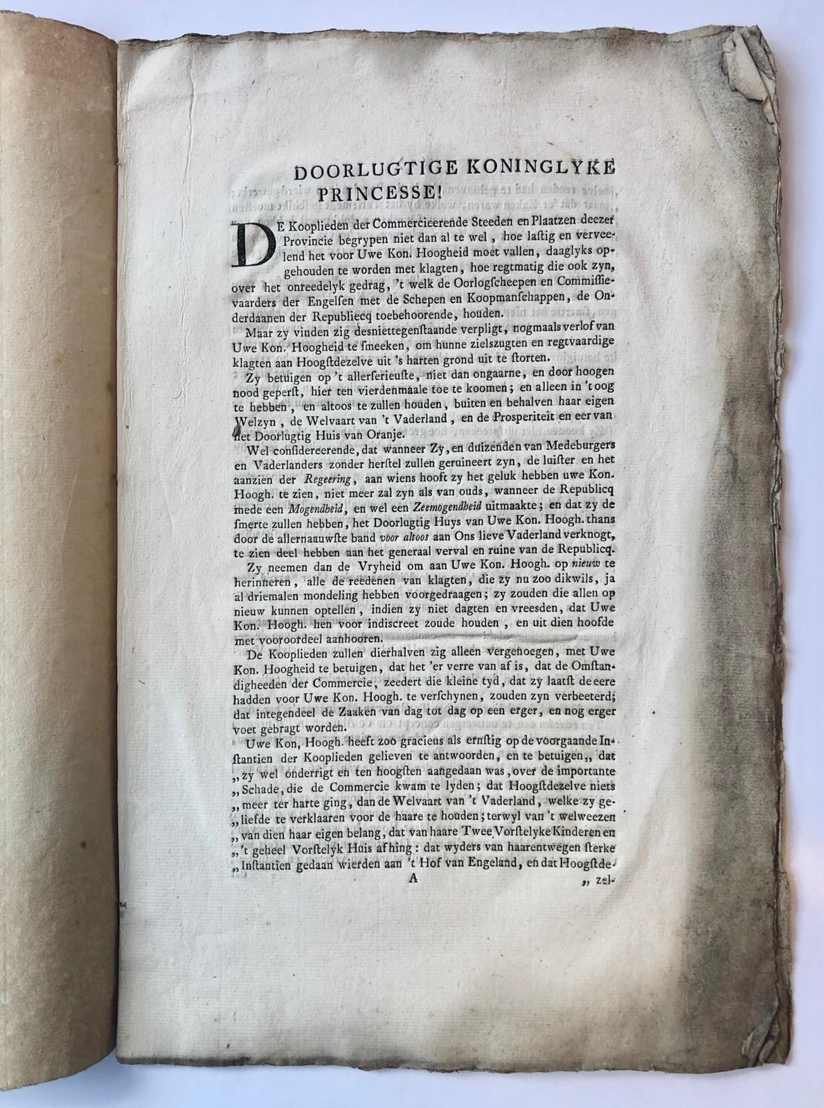  - [Printed publication, shippin, Scheepvaart, gedrag Engelsen, 1758] 'Aanspraak aan Haare Kon. Hoogheid 7 december 1758'. Folio, 8 pag., gedrukt door Tirion te Amsterdam [1758].