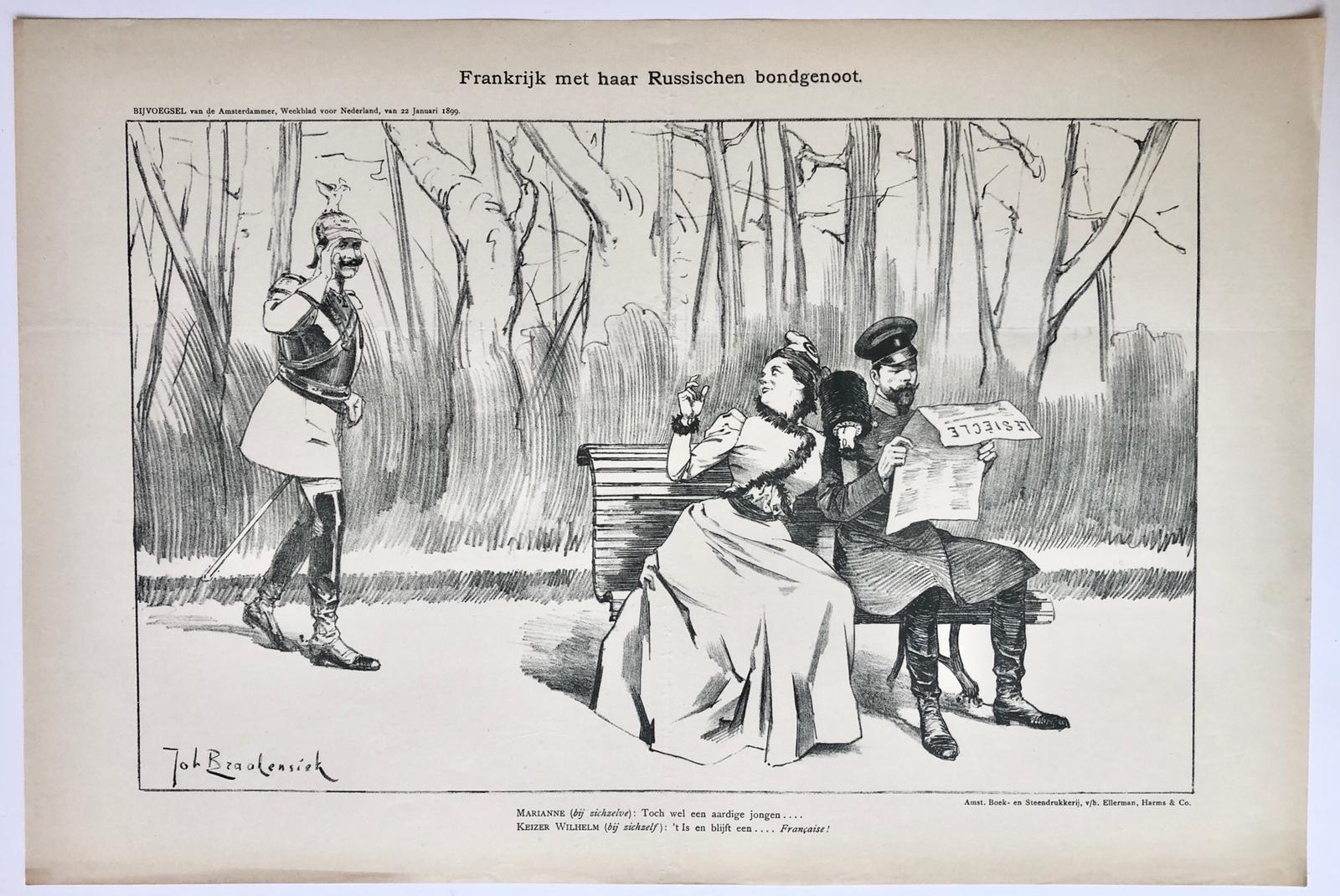 [Original lithograph/lithografie by Johan Braakensiek] Frankrijk en haar Russischen bondgenoot, 22 Januari 1899, 1 pp.