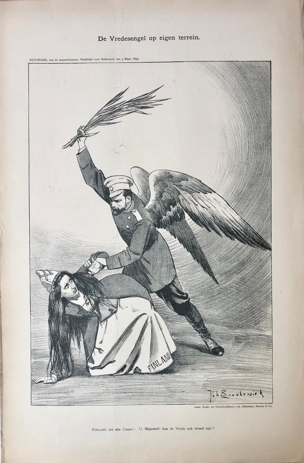 [Original lithograph/lithografie by Johan Braakensiek] De Vredesengel op eigen terrein, 5 Maart 1899, 1 pp.