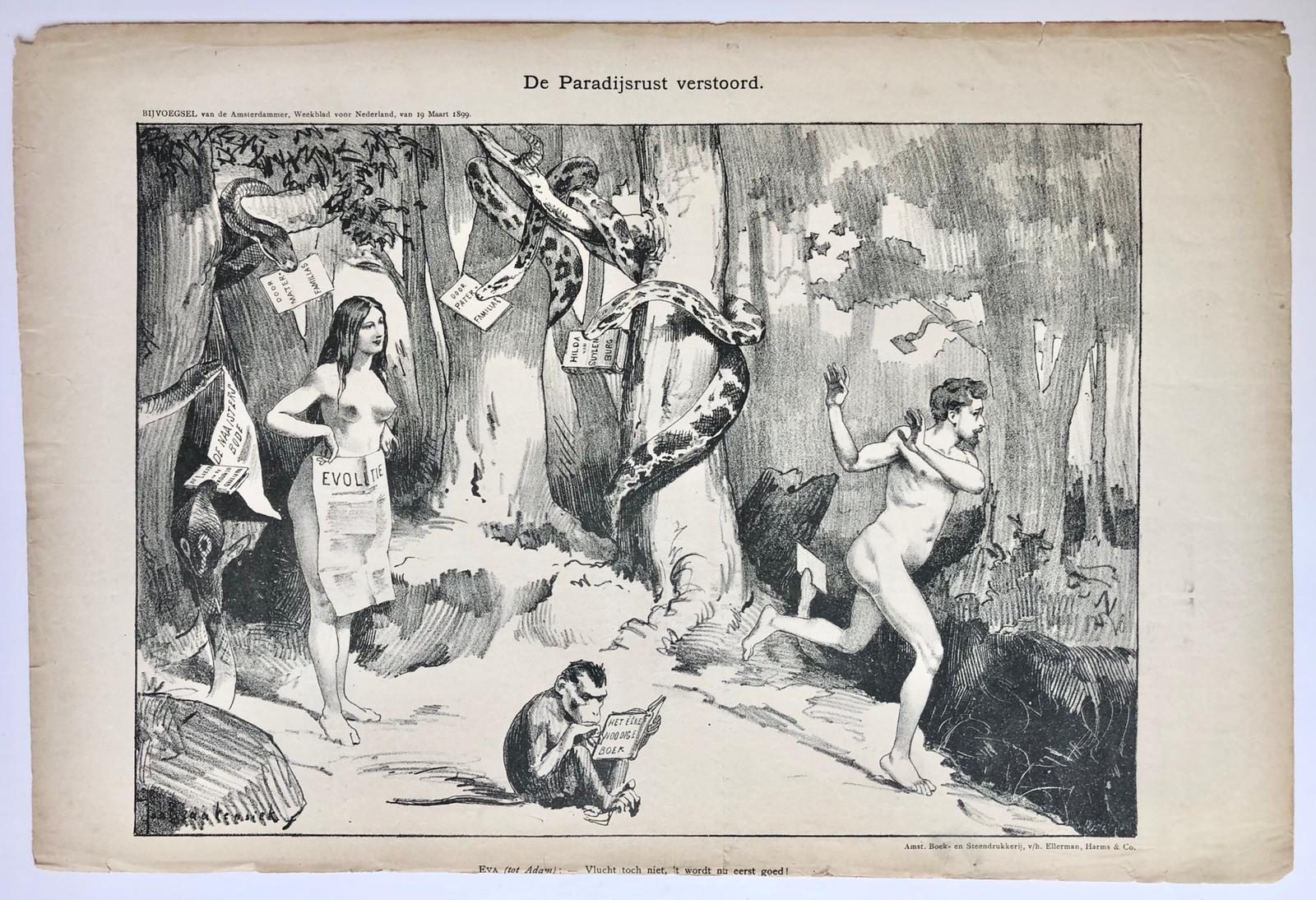 [Original lithograph/lithografie by Johan Braakensiek] De Paradijsrust verstoord, 19 Maart 1899, 1 pp.