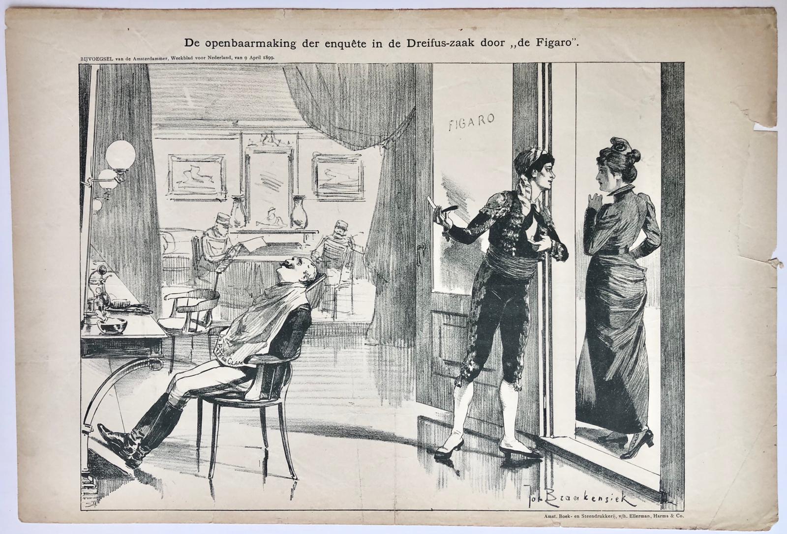 [Original lithograph/lithografie by Johan Braakensiek] De openbaarmaking der enquête in de Dreifus-zaak door "de Figaro", 9 April 1899, 1 pp.