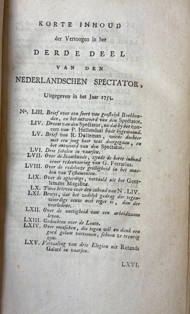 [Dutch magazine 1749-1760, complete bound set] De Nederlandsche Spectator, Leiden, Pieter van der Eyk 1749-1760 (12 parts in 6 volumes).