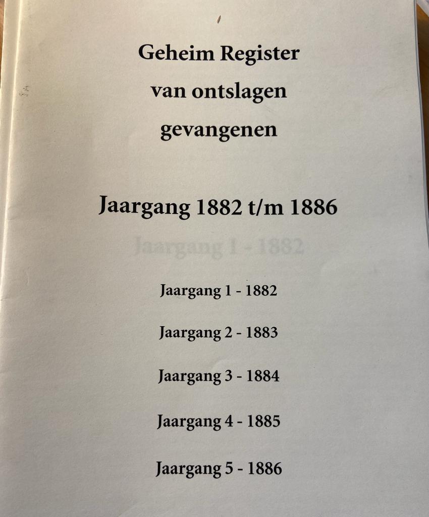 [Criminality 2008] Geheim register van ontslagen gevangenen, jrg. 1 (1882) t/m 5 (1886). Heruitgave z.p. en z.j. [ca 2008], ca 300 pp.