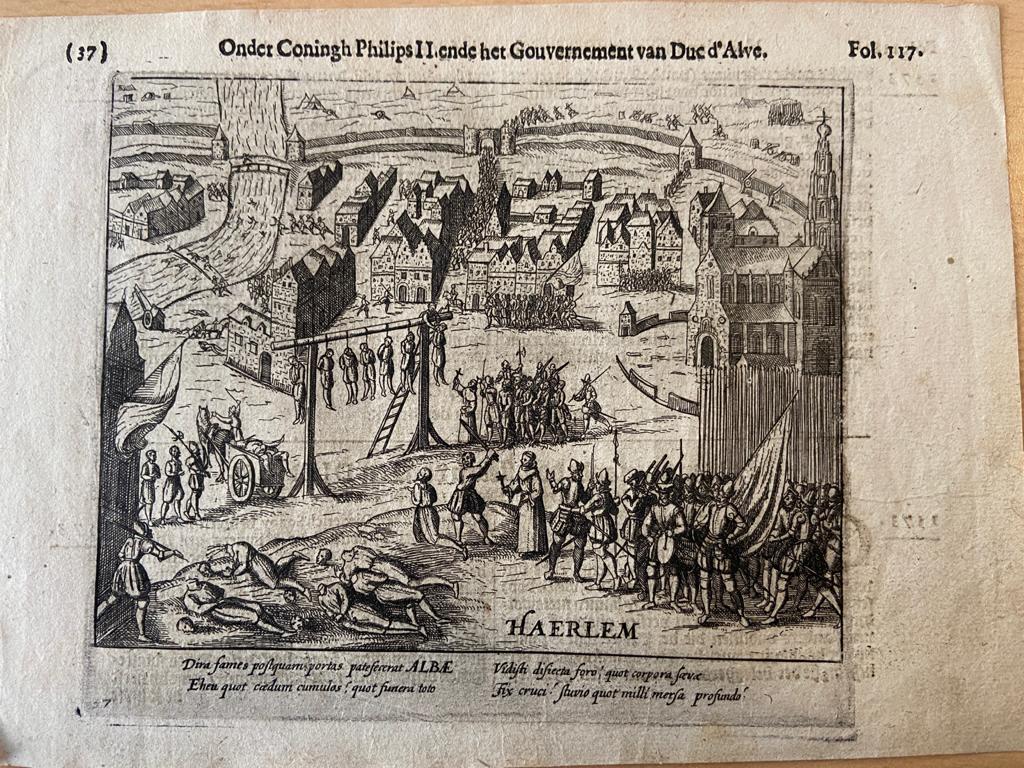 [Antique print, etching] Haerlem (Haarlem), onder Coningh Philips II ende het Gouvernement van Duc d'Alve, 1616.