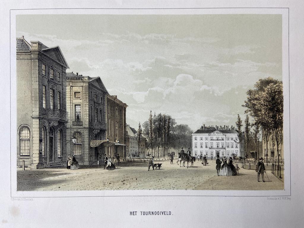 [Coloured lithography, Lithografie, The Hague] Het Tournooiveld, 1 p, published around 1860.