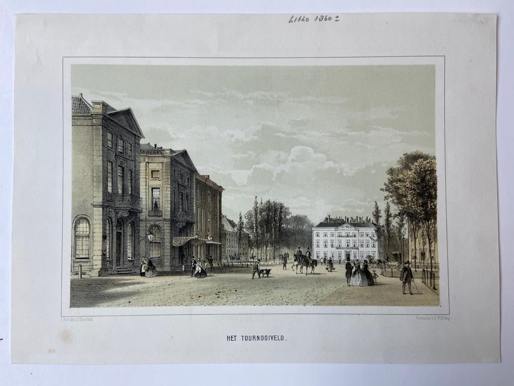 [Coloured lithography, Lithografie, The Hague] Het Tournooiveld, 1 p, published around 1860.