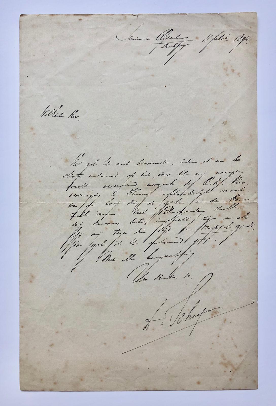 [Manuscript 1894] Briefje dr. H.J.A.M. Schaepman, dd. Seminarie Rijsenburg 1894 aan ‘weledele heer’. Manuscript, 8°, 1 pag.