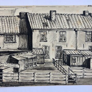 [Pen drawing, 1929] Gezicht op oude huisjes met voorzijde aan de Baarsjes, gezien vanuit de Van Kinsbergenstraat te Amsterdam in 1929. Pentekening door G. Boogman. 12x18 cm.