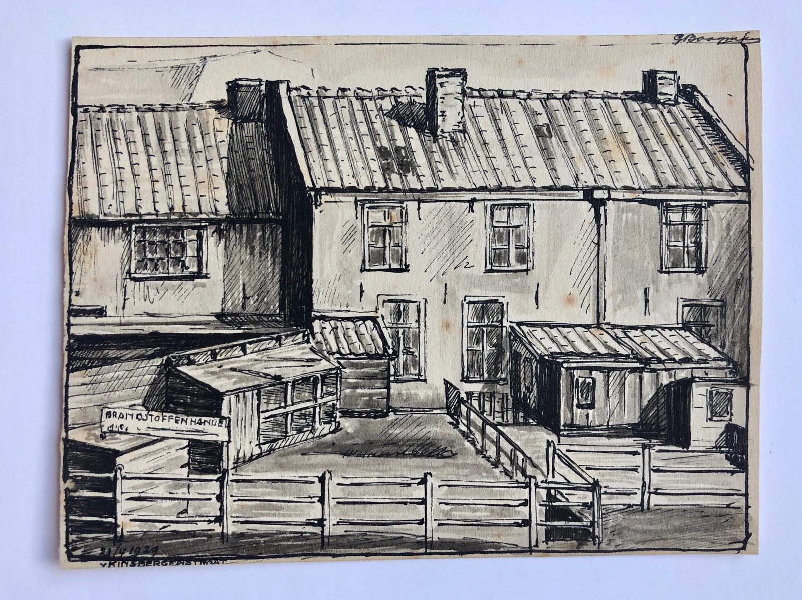  - [Pen drawing, 1929] Gezicht op oude huisjes met voorzijde aan de Baarsjes, gezien vanuit de Van Kinsbergenstraat te Amsterdam in 1929. Pentekening door G. Boogman. 12x18 cm.