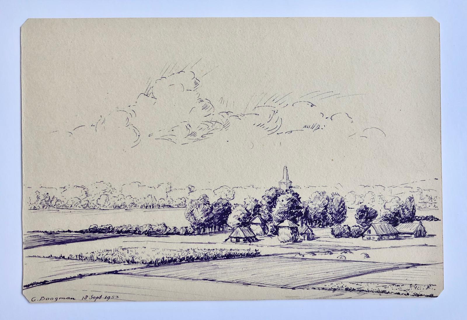  - [Modern pen drawing, 1953] Gezicht op de westelyke uitloper van de Goudsberg richting Barneveld. Pentekening door G. Boogman uit Arnhem, 1953. 12x18 cm.