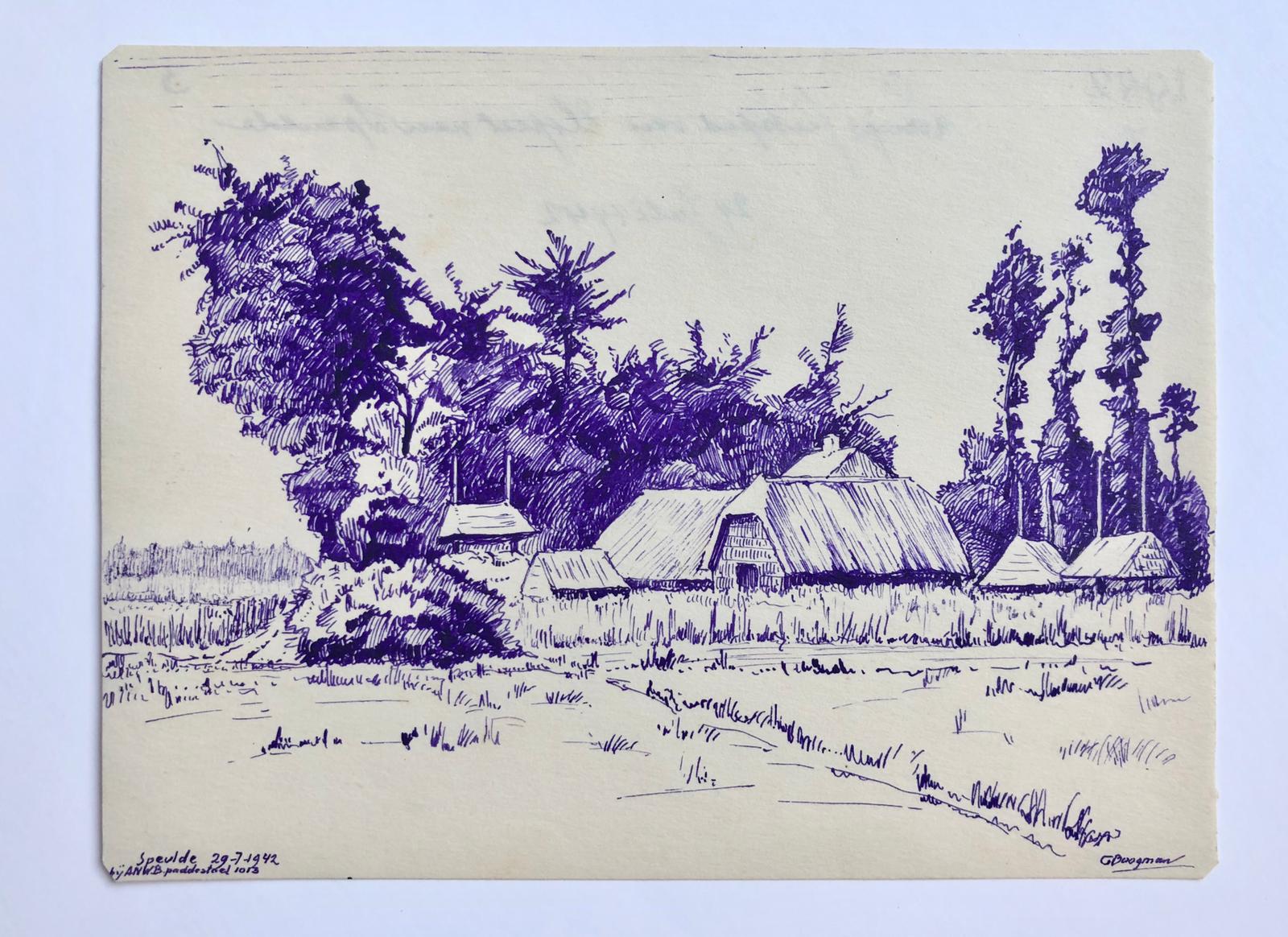  - [Modern pen drawing 1942] Gezicht te Speulde in 1942, pentekening door G. Boogman te Arnhem. 12x18 cm.