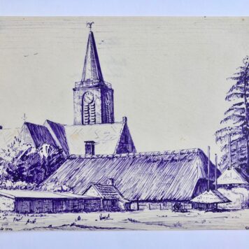[Modern pen drawing 1942] Gezicht op kerk en huizen te Elspeet in 1942, pentekening van G. Boogman uit Arnhem, 12x18 cm.