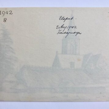 [Modern pen drawing 1942] Gezicht op kerk en huizen te Elspeet in 1942, pentekening van G. Boogman uit Arnhem, 12x18 cm.