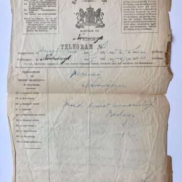 [Manuscript, telegram 1901] Aantekeningen in potlood door Albert Verwey uit 1901 over het werk van een kunstschilder. Geschreven op de achterkant van een telegram van Berlage aan Verwey.