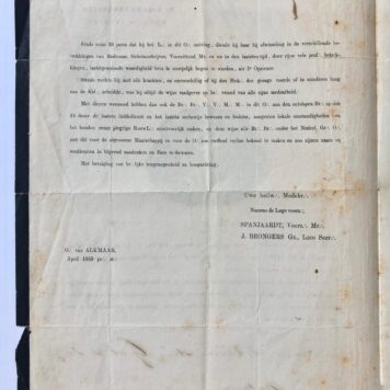 [Fremasonry, funeral card, 1869] Overlijdensbericht van mr. P.A. de Lange, namens de vrijmetselaarsloge De Noordstar te Alkmaar dd. april 1869. Gedrukt, 4 °, 4 pag.