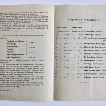 [Theatre, Nederlands toneel, 1913] Twee prospecti voor het repertoire-abonnement 1901-1902 en 1912-1913 van de Kon. Ver. 'Het Nederlandsch Toneel'. Gedrukt, elk 4 pag.