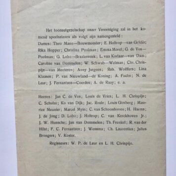 [Theatre, Nederlands toneel, 1913] Twee prospecti voor het repertoire-abonnement 1901-1902 en 1912-1913 van de Kon. Ver. 'Het Nederlandsch Toneel'. Gedrukt, elk 4 pag.