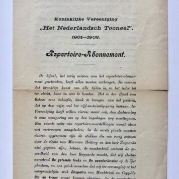 [Theatre, Nederlands toneel, 1913] Twee prospecti voor het repertoire-abonnement 1901-1902 en 1912-1913 van de Kon. Ver. 'Het Nederlandsch Toneel'. Gedrukt, elk 4 pag.