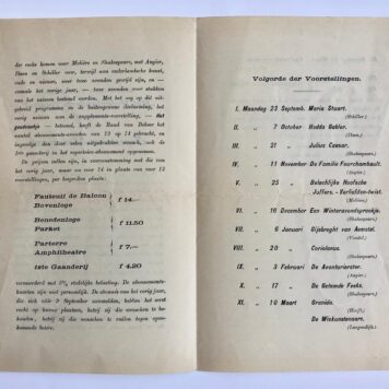 [Theatre, Nederlands toneel, 1913] Twee prospecti voor het repertoire-abonnement 1901-1902 en 1912-1913 van de Kon. Ver. 'Het Nederlandsch Toneel'. Gedrukt, elk 4 pag.