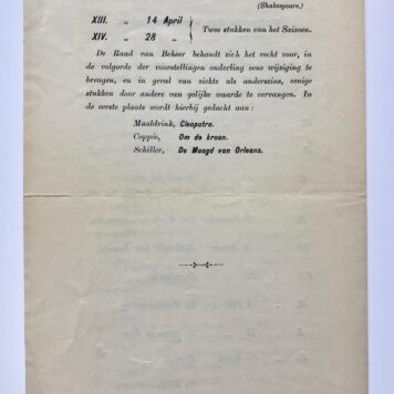 [Theatre, Nederlands toneel, 1913] Twee prospecti voor het repertoire-abonnement 1901-1902 en 1912-1913 van de Kon. Ver. 'Het Nederlandsch Toneel'. Gedrukt, elk 4 pag.
