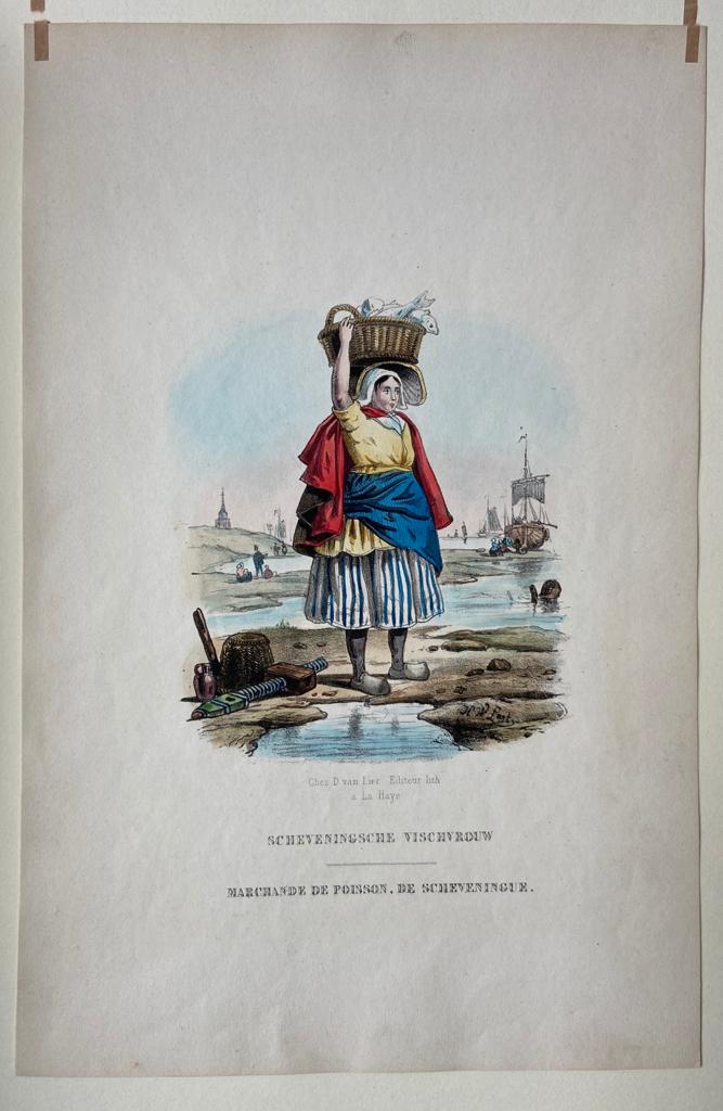 [Coloured lithography, Lithografie, The Hague] Scheveningsche Vischvrouw / Marchande de poisson, de Scheveningue (Scheveningse visvrouw), 1 p, published around 1850.