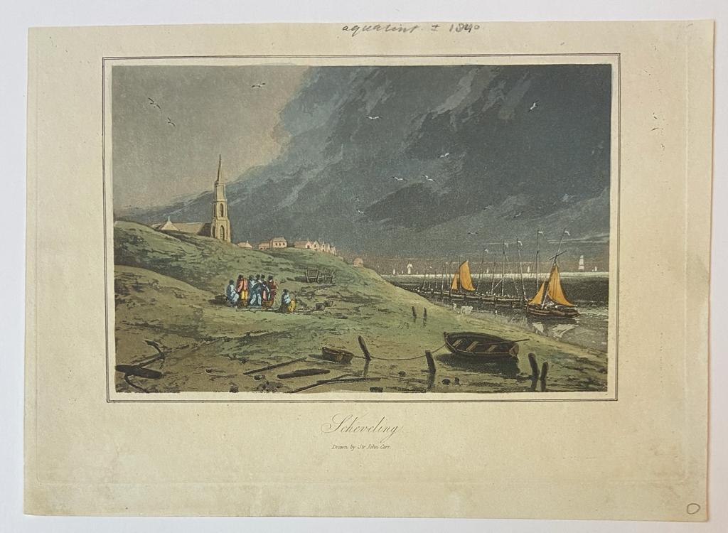 [Antique print, colored aquatint, The Hague] Scheveling (Scheveningen), drawn by Sir John Carr, published ca. 1840.