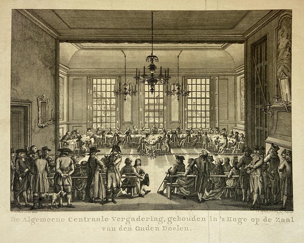 [History print, etching and engraving, ets en gravure 1796] De Algemeene Centraale Vergadering, gehouden in 's Hage op de Zaal van den Ouden Doelen, 1 p, published 1796.