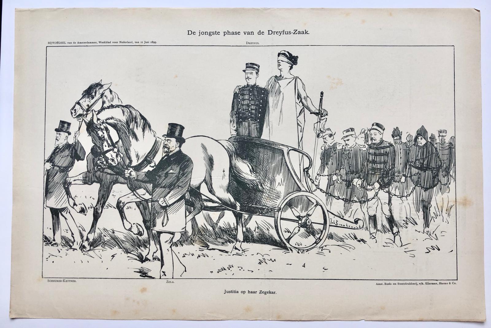 [Original lithograph/lithografie by Johan Braakensiek] De jongste phase van de Dreyfus-Zaak, 11 Juni 1899, 1 pp.