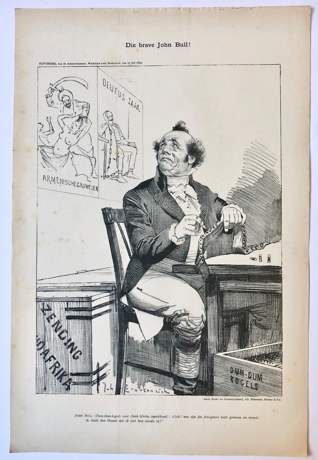 [Original lithograph/lithografie by Johan Braakensiek] Die brave John Bull! 23 Juli 1899, 1 pp.