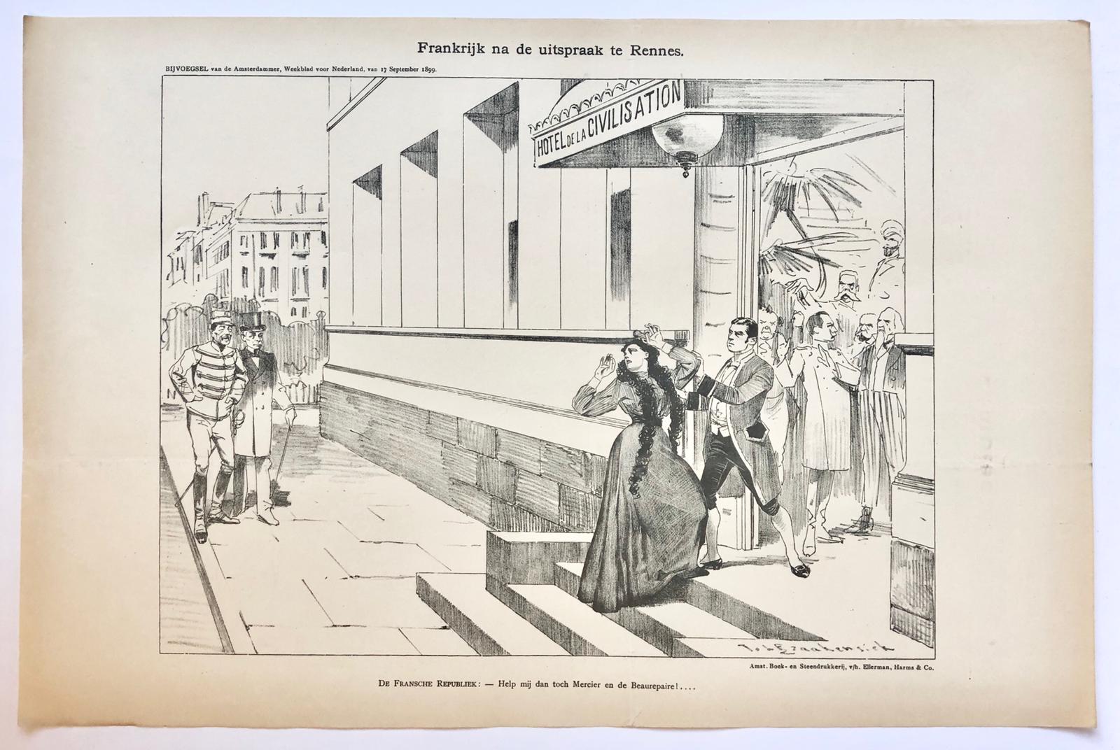 [Original lithograph/lithografie by Johan Braakensiek] Frankrijk na de uitspraak te Rennes, 17 September 1899, 1 pp.