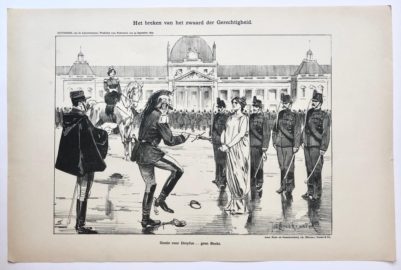 [Original lithograph/lithografie by Johan Braakensiek] Het breken van het zwaard der Gerechtigheid, 24 September 1899, 1 pp.