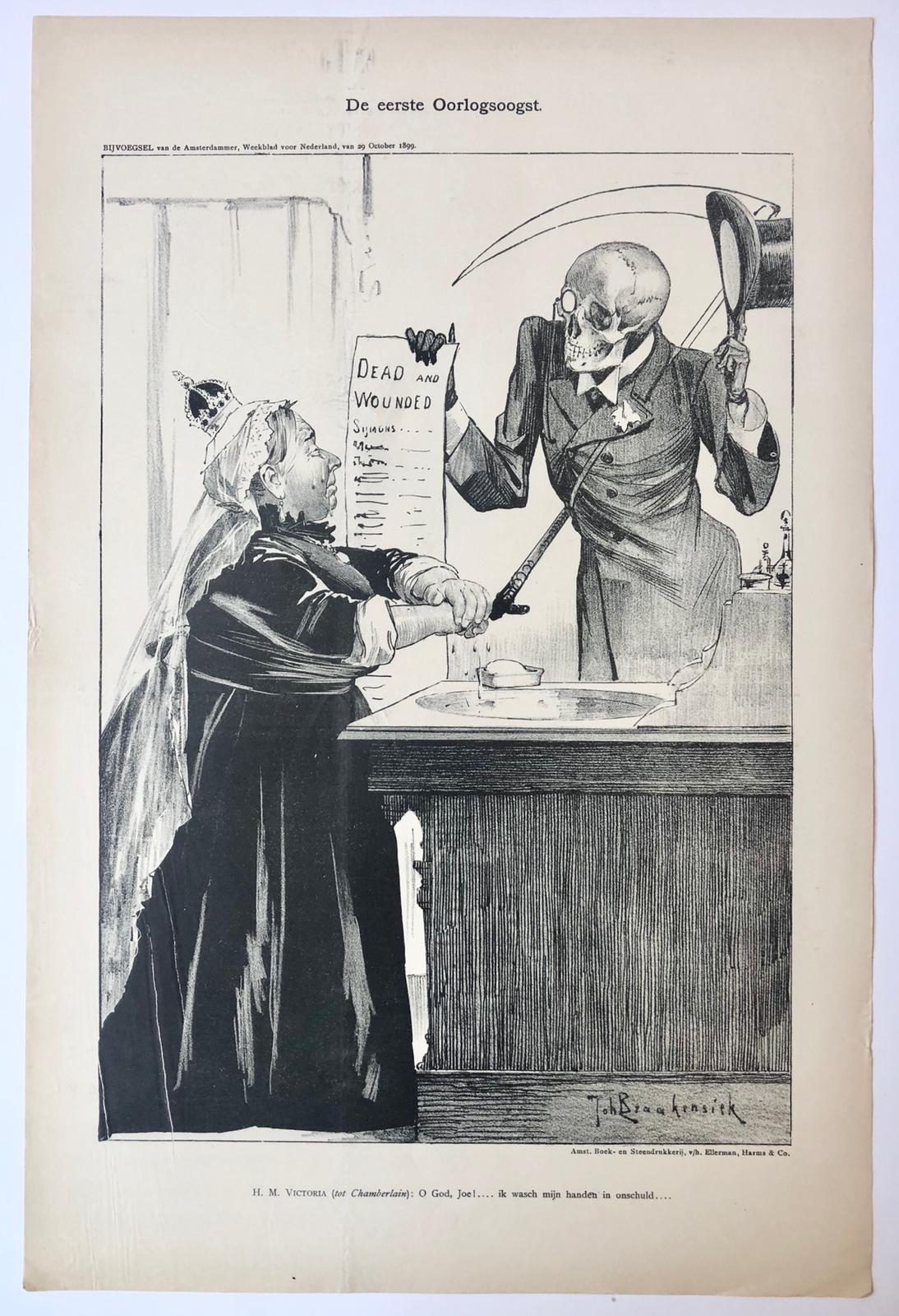 [Original lithograph/lithografie by Johan Braakensiek] De eerste Oorlogsoogst, 29 October 1899, 1 pp.