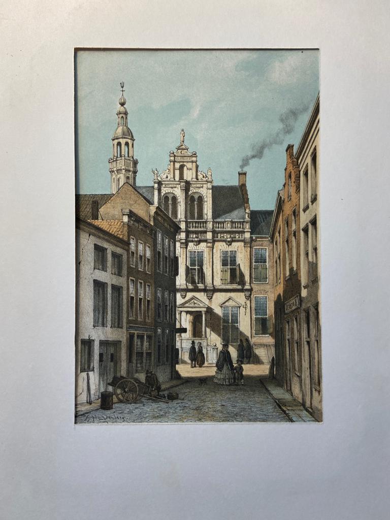 [Coloured lithograph, gekleurde lithografie, The Hague] Stadhuis Den Haag naar Weissenbruch / View of City Hall The Hague after Weissenbruch, 1 p, published 19th century.