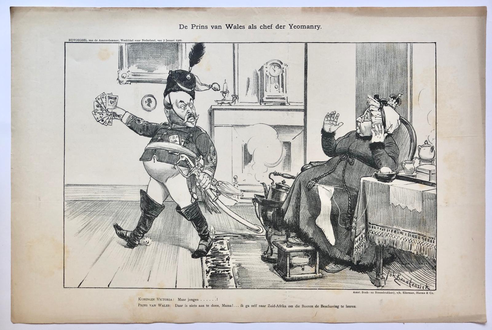 [Original lithograph/lithografie by Johan Braakensiek] De Prins van Wales als chef der Yeomanry, 7 Januari 1900, 1 pp.