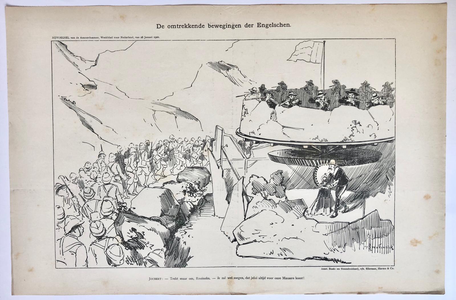 [Original lithograph/lithografie by Johan Braakensiek] De omtrekkende bewegingen der Engelschen, 28 Januari 1900, 1 pp.