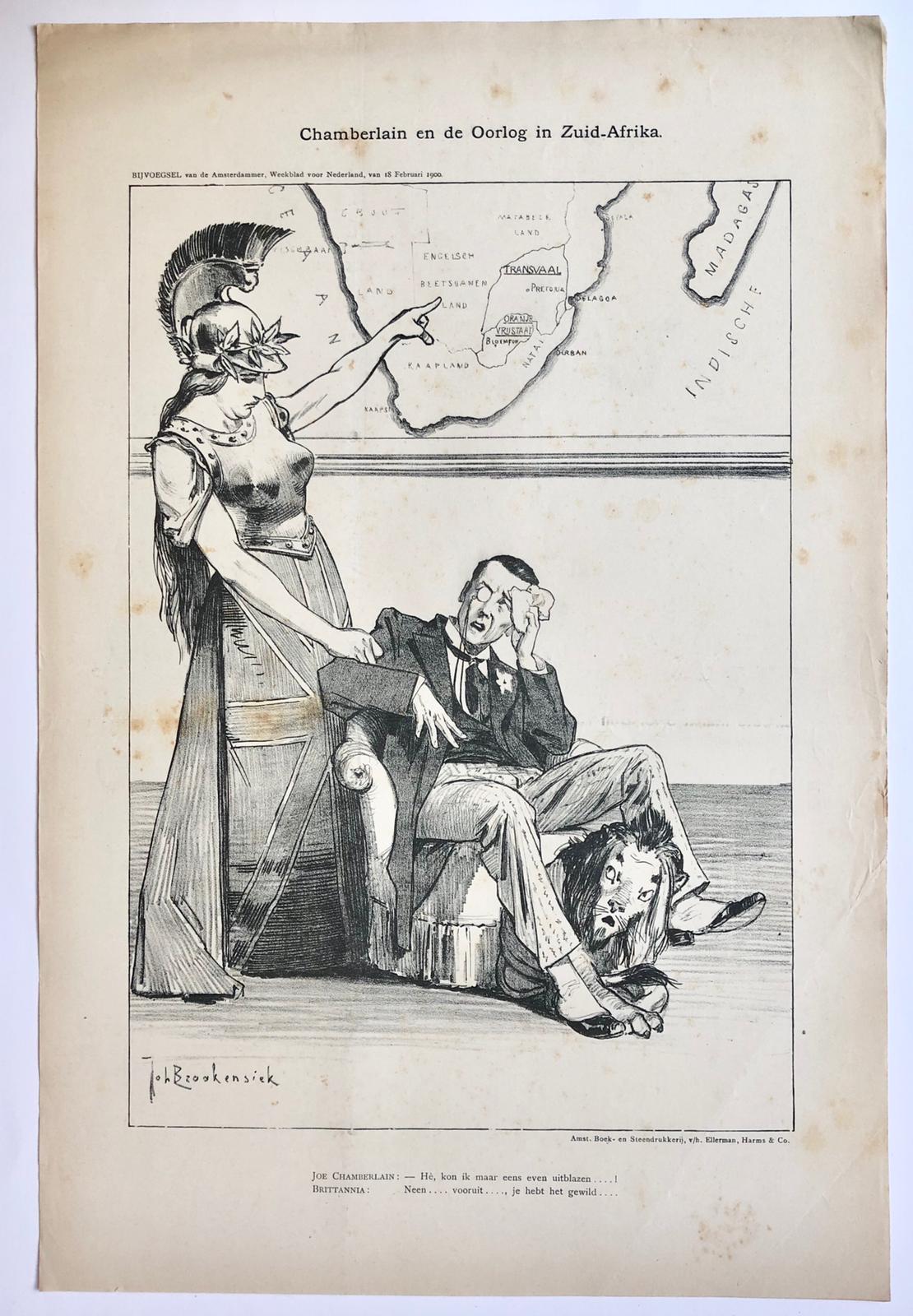 [Original lithograph/lithografie by Johan Braakensiek] Chamberlain en de Oorlog in Zuid-Afrika, 18 Februari 1900, 1 pp.