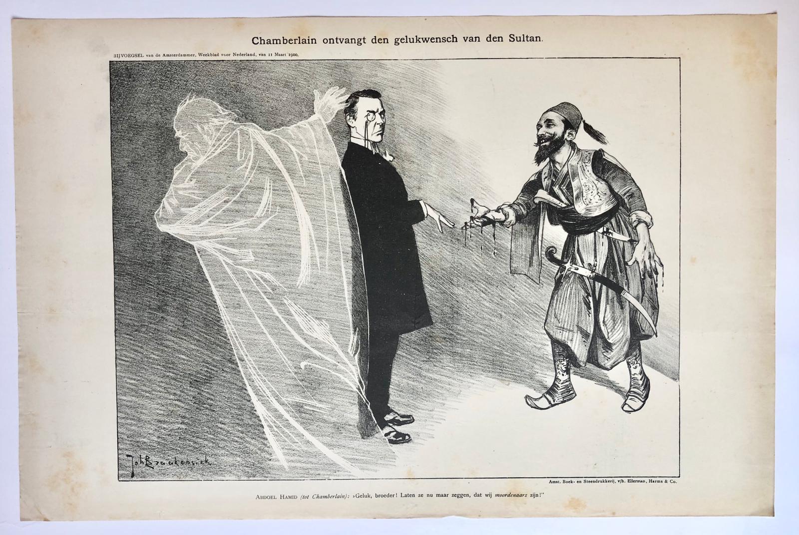 [Original lithograph/lithografie by Johan Braakensiek] Chamberlain ontvangt den gelukwensch van den Sultan, 11 Maart 1900, 1 pp.