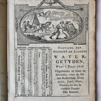 [Almanac, 1816] Van Zwaamens en Thomsons Almanak voor 1816, Rotterdam [1815], 4°, 32 pag. gedrukt. Wit doorschoten met ms. aantekeningen. Illustraties in houtsnede door Lubeek.