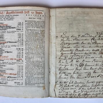 [Almanac, 1816] Van Zwaamens en Thomsons Almanak voor 1816, Rotterdam [1815], 4°, 32 pag. gedrukt. Wit doorschoten met ms. aantekeningen. Illustraties in houtsnede door Lubeek.