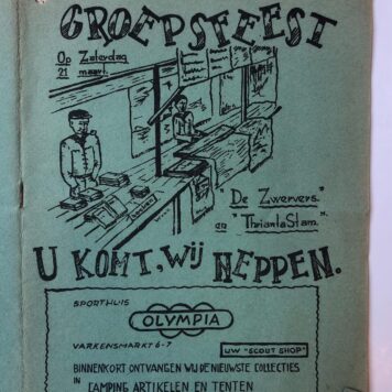 [Private printed programm 1950] Programma van groepsfeest van De Zwervers en Thrianta Stam te Assen, ca. 1950. Gestencild, 18 pag., met veel advertenties van plaatselijke winkeliers.