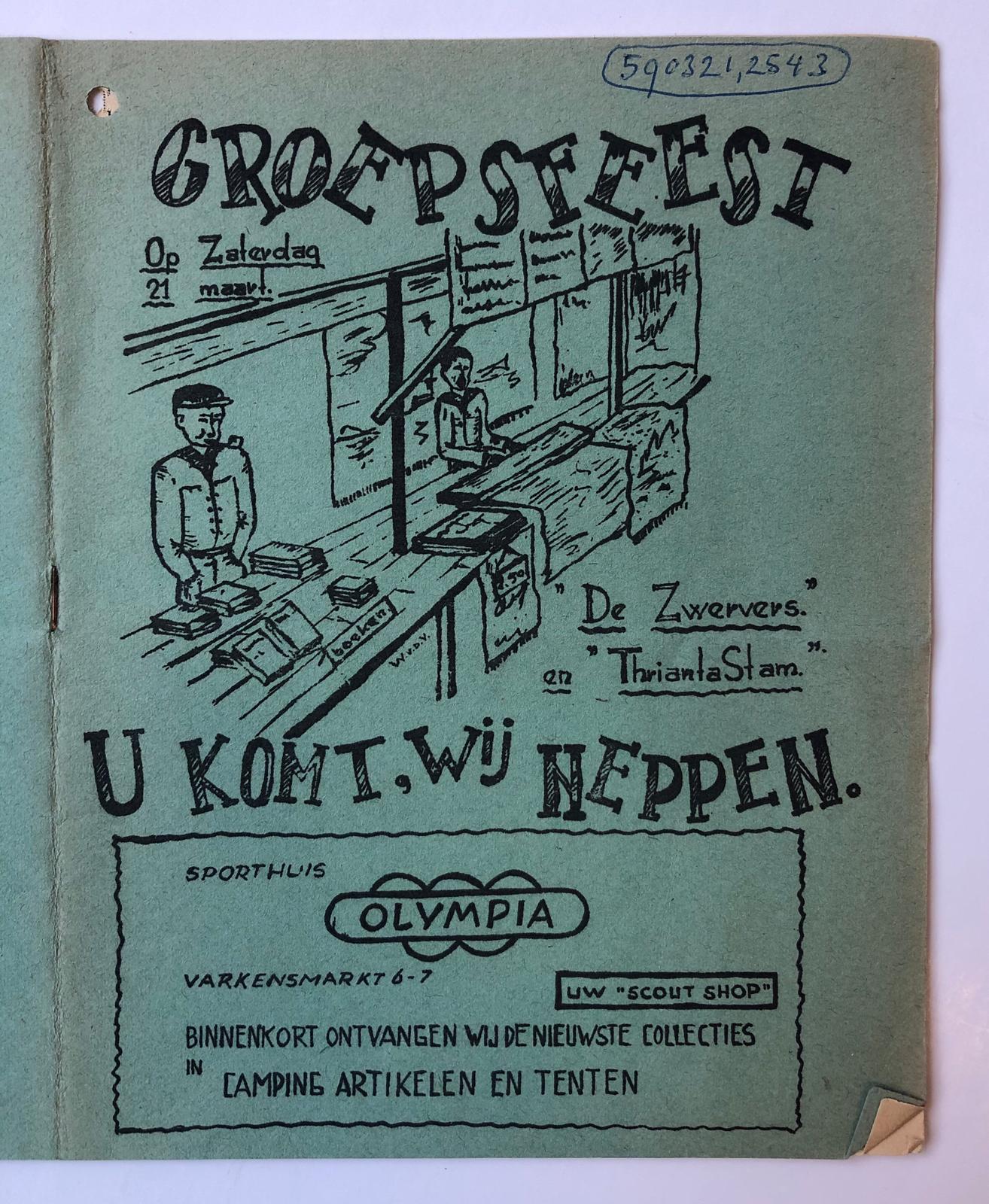  - [Private printed programm 1950] Programma van groepsfeest van De Zwervers en Thrianta Stam te Assen, ca. 1950. Gestencild, 18 pag., met veel advertenties van plaatselijke winkeliers.