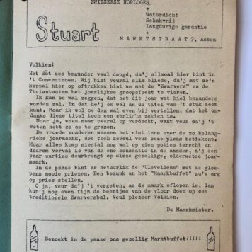 [Private printed programm 1950] Programma van groepsfeest van De Zwervers en Thrianta Stam te Assen, ca. 1950. Gestencild, 18 pag., met veel advertenties van plaatselijke winkeliers.