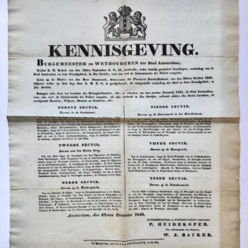 AMSTERDAM, POLITIE -- Drie grote plano bladen, gedrukt, met regelingen betreffende de politie in Amsterdam, 1830 en 1843.